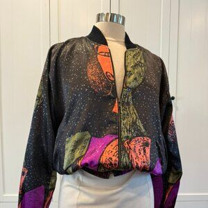 Vintage Abstract Print Bomber Jacket - 80s/90s Graphic Zip Jacket